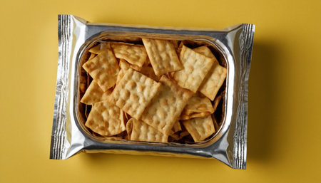 Tasty salty crackers in foil box on yellow background, top viewの素材
