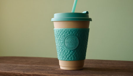 Takeaway coffee cup with straw on wooden table, vintage tone.の素材
