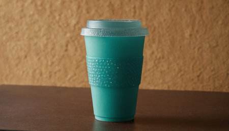 Green plastic cup of coffee on wooden table and brown wall background.の素材
