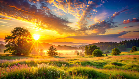 Fantastic summer sunrise in the mountain village. Dramatic scene. Carpathian, Ukraine, Europe. Beauty world.の素材