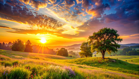 Sunset in the mountains landscape with meadow, trees and flowersの素材