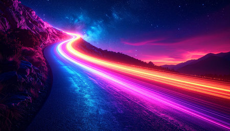 Night road with light trails, 3d render. Computer digital drawing.の素材