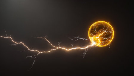 Conceptual image of a lightning strike in the night sky.の素材