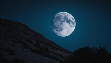 Full moon in the night sky over mountains. 3D illustration.の素材