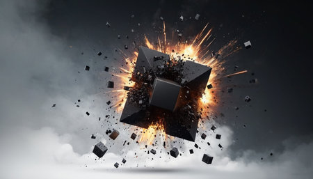 Black cube with explosion and smoke on dark background. 3d renderingの素材