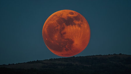 Super red blood moon over the mountains at night, South Africa.の素材