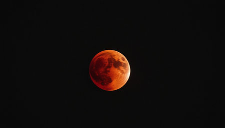 Red blood moon in the dark night sky, closeup of photoの素材