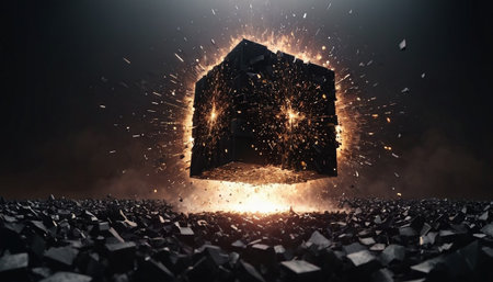 Big cube flying high in sky. Mixed media. 3D renderingの素材