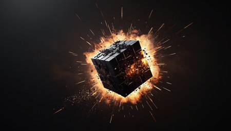 Black gift box flying in the air with fire and smoke. Mixed mediaの素材