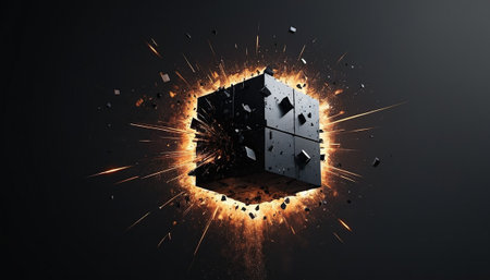 Black cube with explosion on black background. 3d rendering illustration.の素材