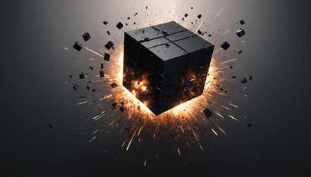 Black cube with sparks and fireworks on grey background. 3D renderingの素材