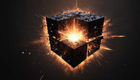 Glowing cube in fire with sparks on black background 3D renderingの素材