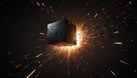 3D rendering of a black cube with an explosion coming out of itの素材