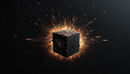 3d rendering of a black cube with sparks coming out of itの素材