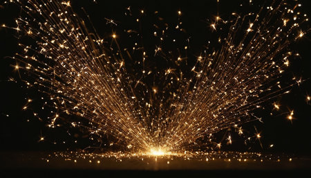 Fireworks light up the night sky with dazzling sparkles and glitter particles.の素材