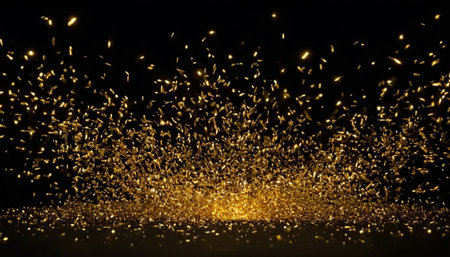 Gold glitter confetti on black background. Christmas and New Year concept.の素材