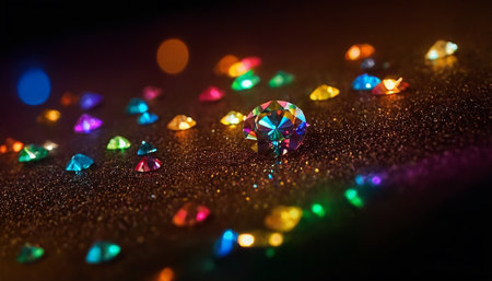 Colorful diamonds on black background with bokeh effect, close upの素材