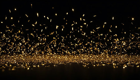 Gold sparkles on black background. Christmas and New Year concept.の素材