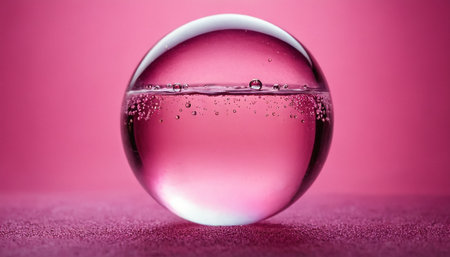 Water drop in a crystal ball on a pink background with space for textの素材