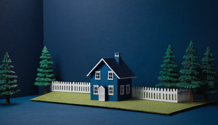 3D render of a blue house with white picket fence and pine treesの素材