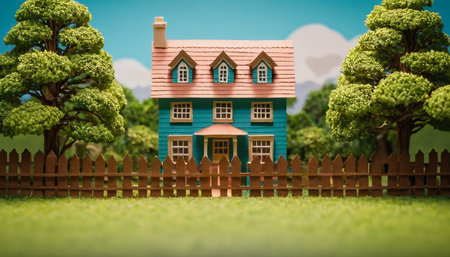 Miniature house in the garden with green grass and blue sky backgroundの素材