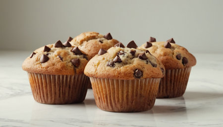 Homemade chocolate muffins with chocolate chips on a white background.の素材