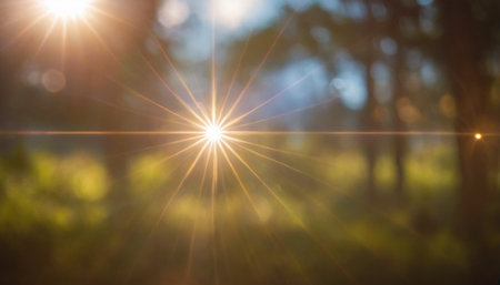 Sunset or sunrise in the forest. Natural background with lens flare.の素材