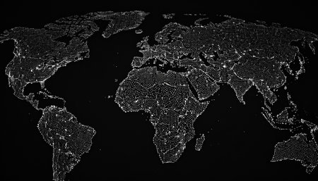 World map with glowing points and lines on dark background. 3D illustration.の素材