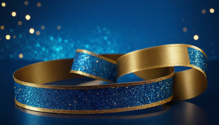 Golden ribbon on blue bokeh background. Christmas and New Year concept.の素材