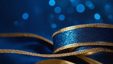 golden ribbon on blue satin with bokeh light backgroundの素材