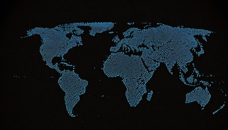World map made of blue dots on black background. 3D renderingの素材