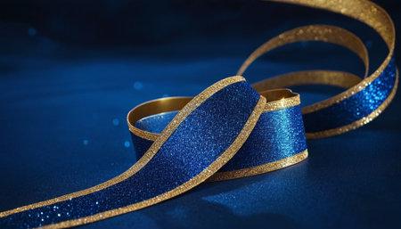 Blue ribbon on a dark blue background. Christmas and New Year concept.の素材