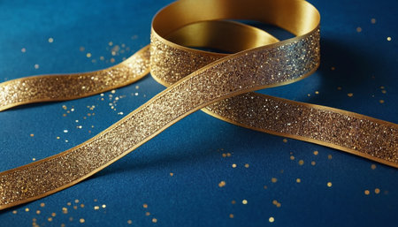 Shiny golden ribbon on blue background, closeup. Festive decorationの素材