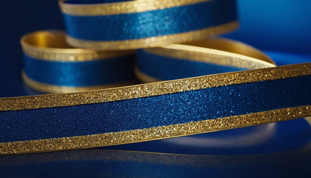 Blue ribbon on blue background, close-up. Festive conceptの素材