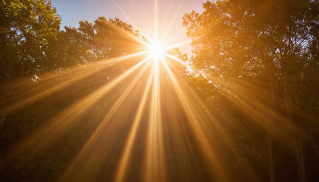 Beautiful sunset in the forest with sunbeams and lens flareの素材