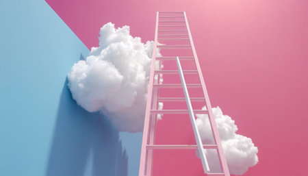 3d rendering of ladder leading to white cloud against pink and blue backgroundの素材