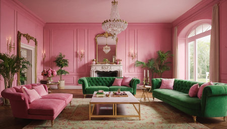 Luxury living room with pink walls, classic furniture and green sofa. 3d renderの素材