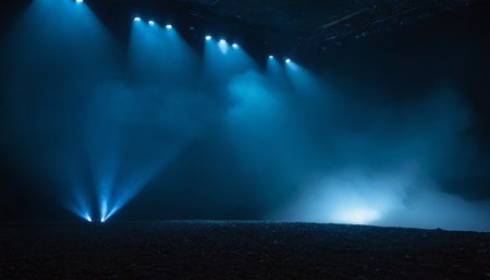 Stage lights on a dark background. Stage Spotlight with Laser rays.の素材