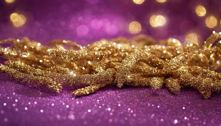 christmas decoration golden tinsel on purple background with bokehの素材