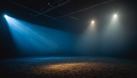 Empty stage background with spotlights and smoke. Stage lights in a dark roomの素材