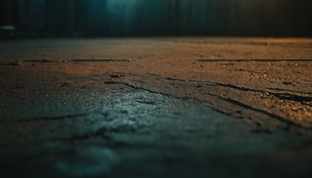 Close up of cracked asphalt road at night. Selective focus.の素材