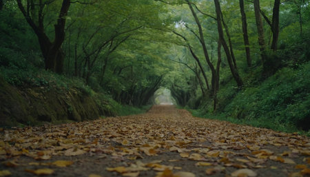 Autumnal road in the forest with fallen leaves on the groundの素材