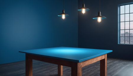 Blue interior with wooden table and ceiling lamps. 3D Renderingの素材
