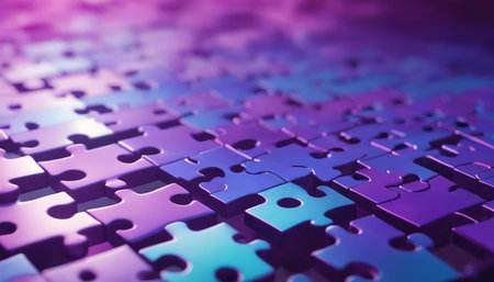 Puzzle pieces close-up. Blue and purple background. Selective focus.の素材