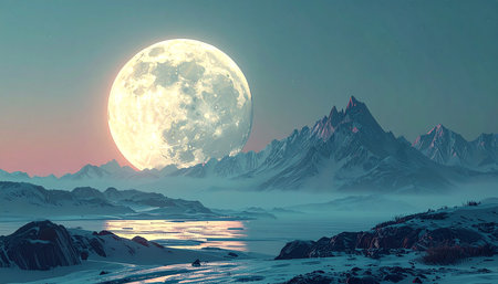Fantasy landscape with mountains, lake and moon. 3D illustrationの素材