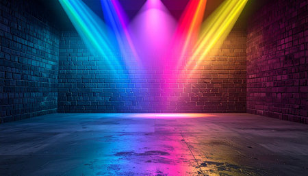 3d rendering of empty room with neon lights and brick wall backgroundの素材