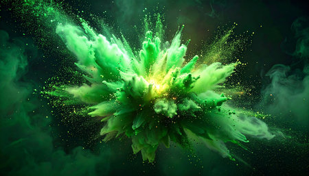 3d illustration of explosion of green powder with smoke on black backgroundの素材