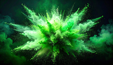 Abstract explosion of green and yellow smoke on a black background. Background for designの素材