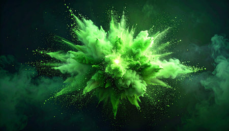 Green explosion with smoke isolated on black background. 3d illustration.の素材