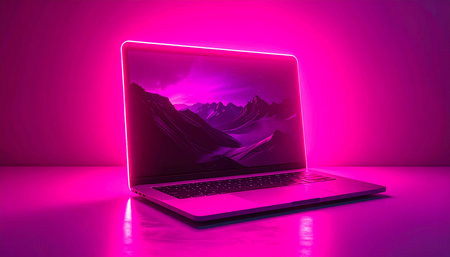 Laptop with mountains on a pink background. 3d rendering.の素材